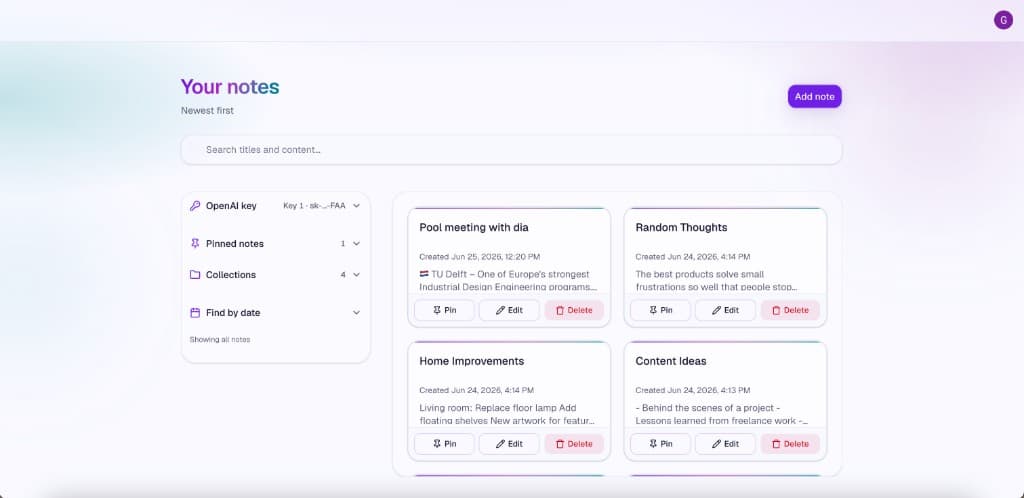 note pile app showing the notes dashboard with search, collections, and pinned notes
