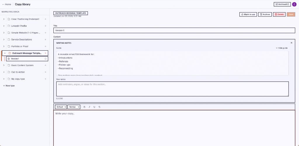 PitchKit copy library showing marketing stack folders and outreach message editor
